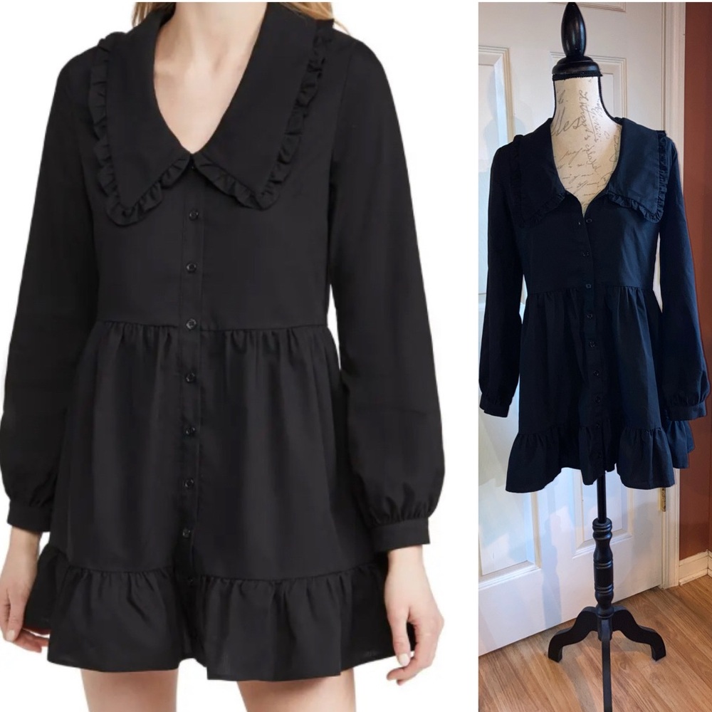 Re:named Brand Eli Ruffle Oversized Collar Button Down Dress Black sz Small